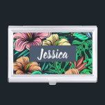 Colourful Tropical Flowers Modern Personalised Business Card Holder<br><div class="desc">Colourful tropical flowers pattern with modern personalisation.</div>