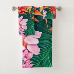 Colourful Tropical Flowers Pattern  Bath Towel Set