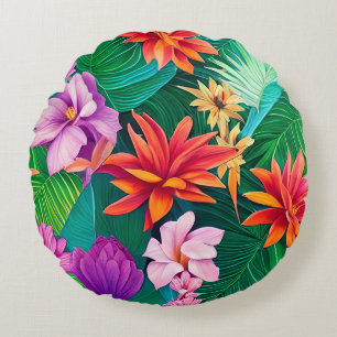 Colourful Tropical Flowers Pattern  Round Cushion