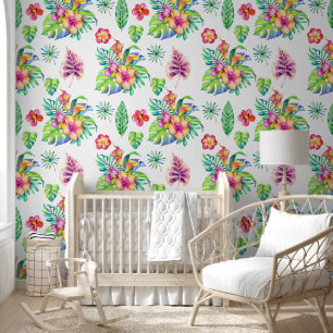 Colourful tropical flowers pattern wallpaper