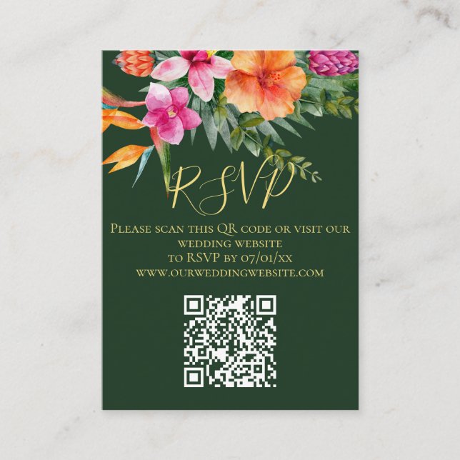 Colourful Tropical Flowers QR Code Wedding RSVP Enclosure Card (Front)