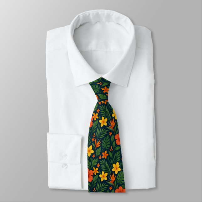 Colourful Tropical Flowers Red Green Navy Blue Tie (Tied)