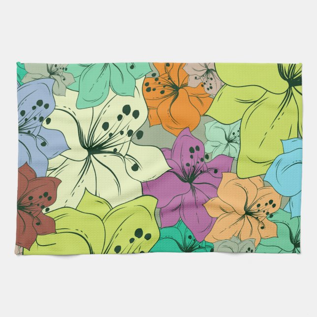 Colourful Tropical Flowers Seamless Pattern Tea Towel (Horizontal)