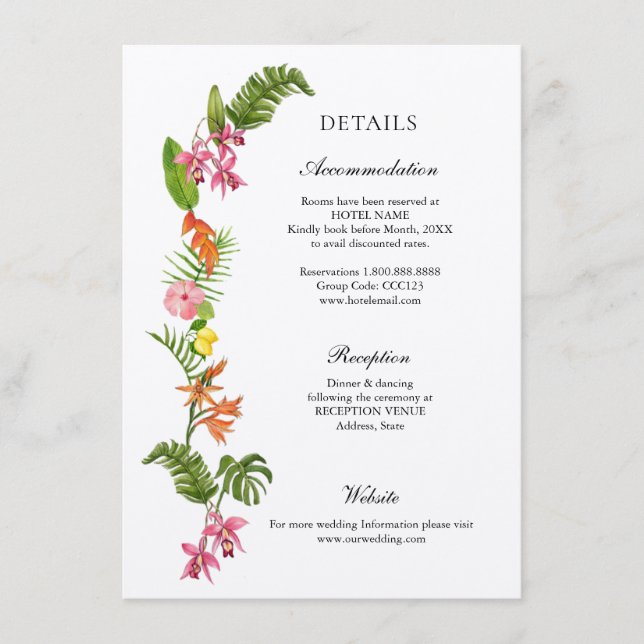 Colourful Tropical flowers Wedding details Enclosure Card (Front)