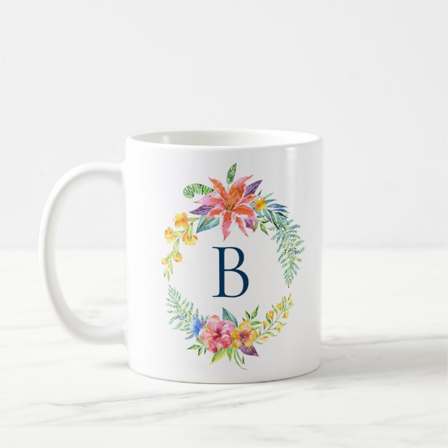 Colourful tropical flowers wreath coffee mug (Left)