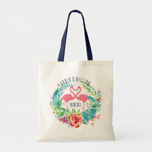 Colourful Tropical Flowers Wreath & Flamingos Tote Bag