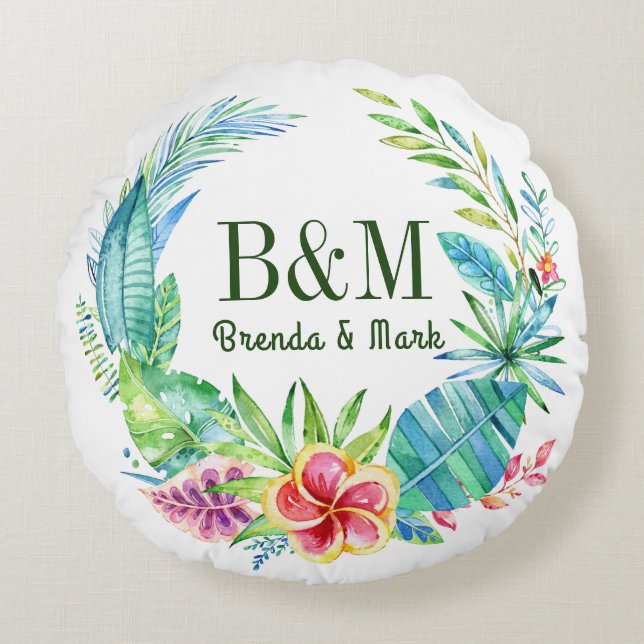 Colourful Tropical Flowers Wreath Round Cushion (Front)