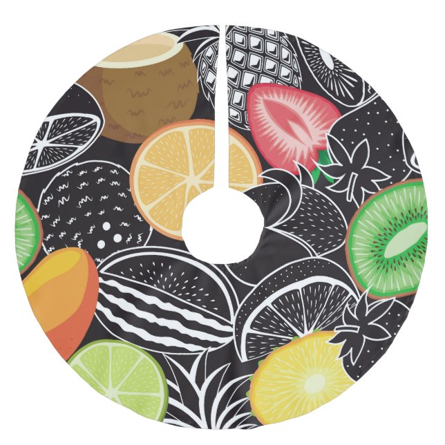 Colourful tropical fruits, black background. brushed polyester tree skirt (Front)