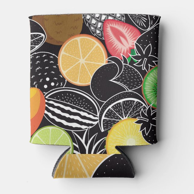 Colourful tropical fruits, black background. can cooler (Front)