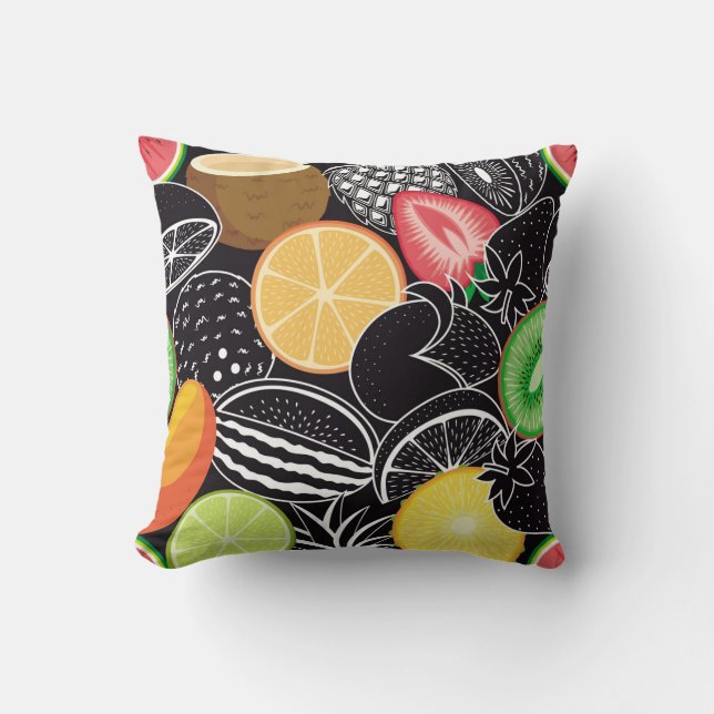 Colourful tropical fruits, black background. cushion (Front)