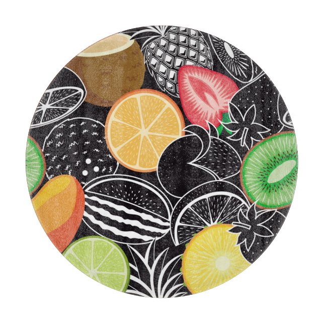 Colourful tropical fruits, black background. cutting board (Front)
