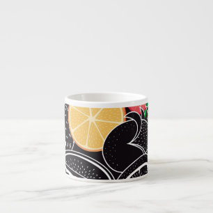 Colourful tropical fruits, black background. espresso cup