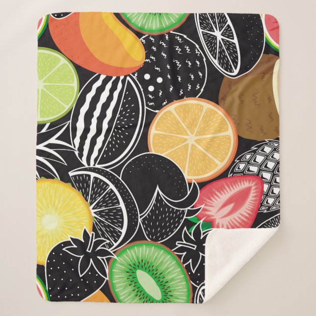 Colourful tropical fruits, black background. sherpa blanket (Front)