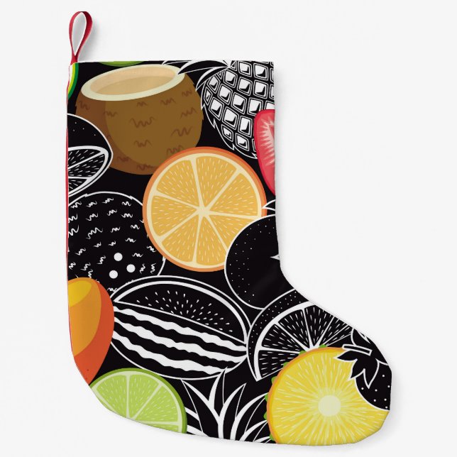 Colourful tropical fruits, black background. small christmas stocking (Front)
