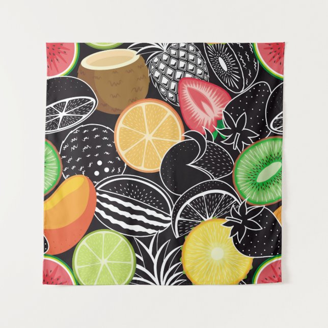 Colourful tropical fruits, black background. tapestry (Front)