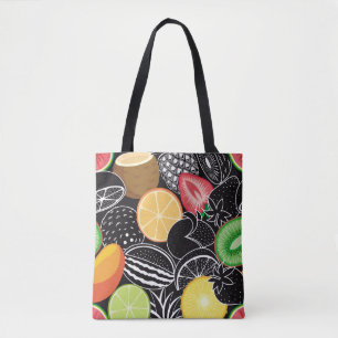 Colourful tropical fruits, black background. tote bag