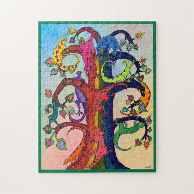 Colourful Tropical Gecko Lizard Watercolor Folk Ar Jigsaw Puzzle (Vertical)