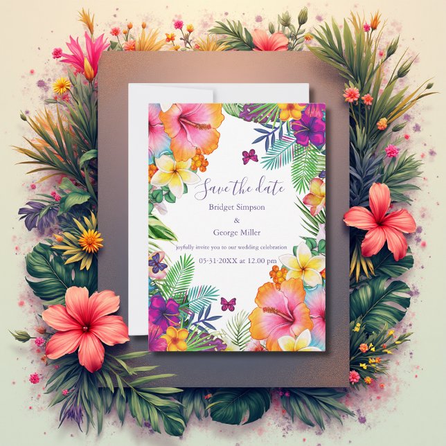 Colourful tropical hawaiian Floral safe the date Invitation (Creator Uploaded)