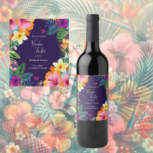 Colourful tropical hawaiian Floral Wedding Wine Label