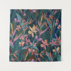 Colourful tropical jungle leaves and flowers hand tapestry