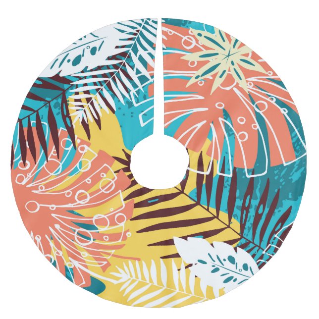 Colourful tropical jungle leaves pattern. brushed polyester tree skirt (Front)