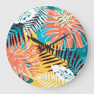 Colourful tropical jungle leaves pattern. large clock