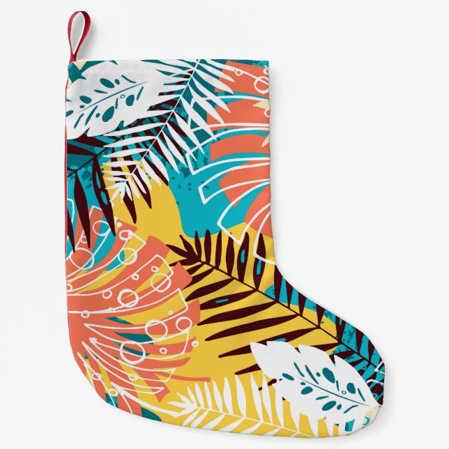 Colourful tropical jungle leaves pattern. small christmas stocking (Front)