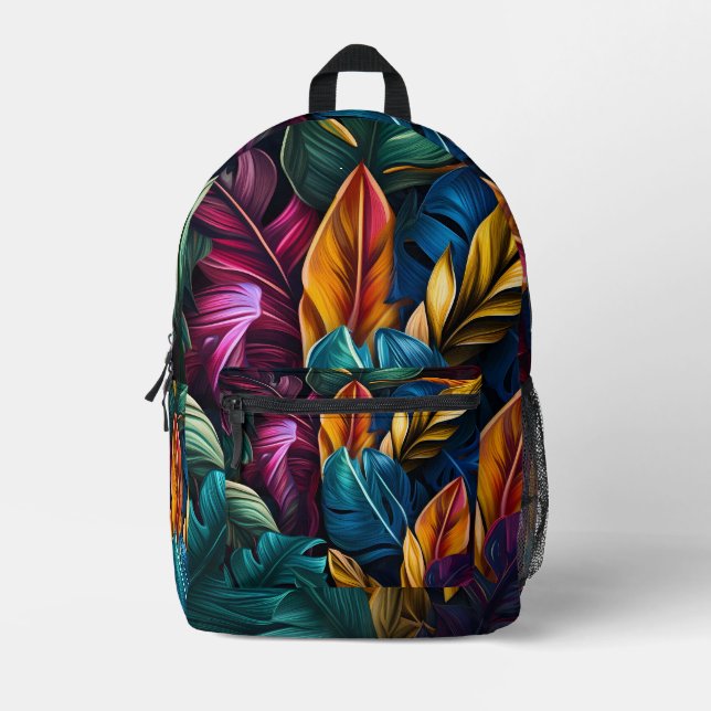 colourful tropical leaf pattern printed backpack (Front)