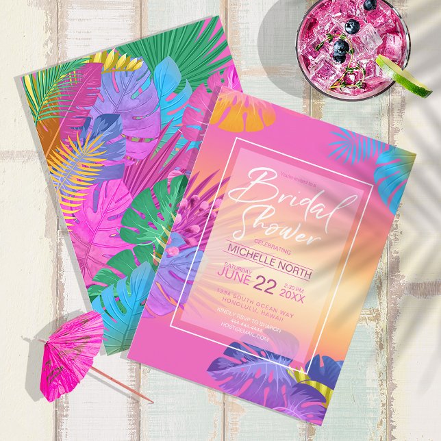 Colourful Tropical Leave Sunset Bridal Shower ID57 Invitation (Front/Back In Situ)