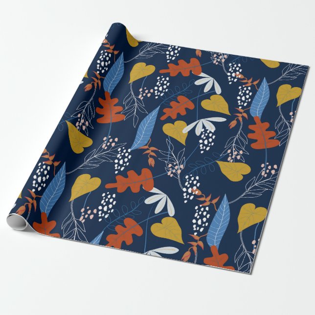 Colourful tropical leaves and flowers pattern wrapping paper (Unrolled)