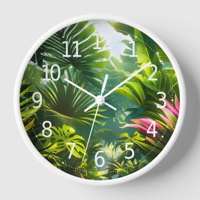 Colourful Tropical Leaves and Hibiscus Flowers | Clock (Front)