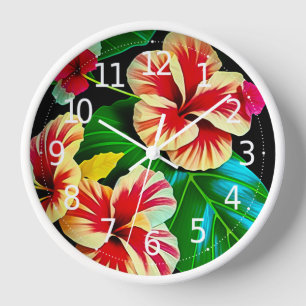 Colourful Tropical Leaves and Hibiscus Flowers Clock