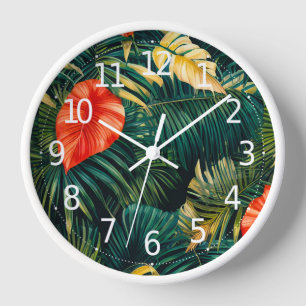 Colourful Tropical Leaves and Hibiscus Flowers Clock