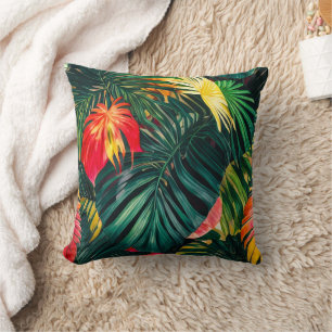 Colourful Tropical Leaves and Hibiscus Flowers Cushion