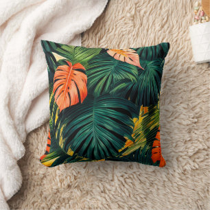 Colourful Tropical Leaves and Hibiscus Flowers Cushion