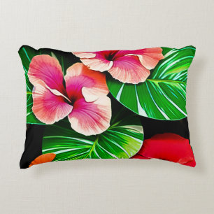 Colourful Tropical Leaves and Hibiscus Flowers Decorative Cushion