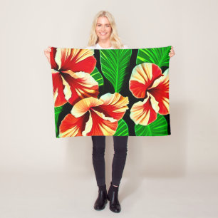 Colourful Tropical Leaves and Hibiscus Flowers   Fleece Blanket