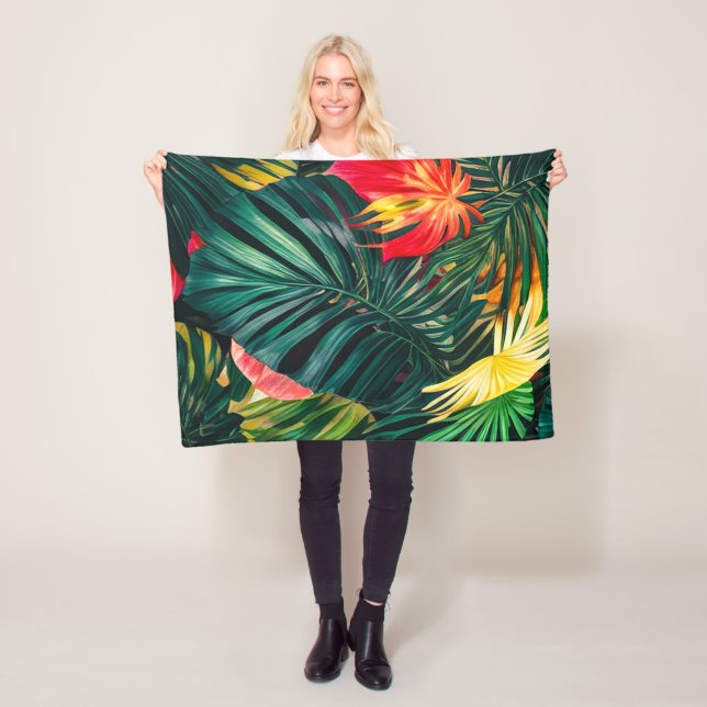 Colourful Tropical Leaves and Hibiscus Flowers | Fleece Blanket (In Situ)