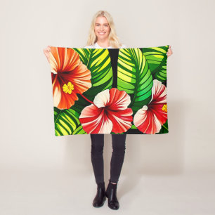 Colourful Tropical Leaves and Hibiscus Flowers Fleece Blanket