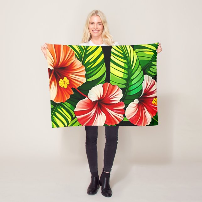 Colourful Tropical Leaves and Hibiscus Flowers | Fleece Blanket (In Situ)