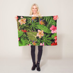 Colourful Tropical Leaves and Hibiscus Flowers Fleece Blanket