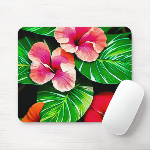 Colourful Tropical Leaves and Hibiscus Flowers Mouse Pad