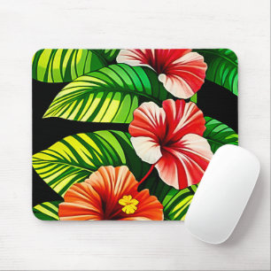 Colourful Tropical Leaves and Hibiscus Flowers Mouse Pad