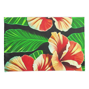 Colourful Tropical Leaves and Hibiscus Flowers Pillowcase