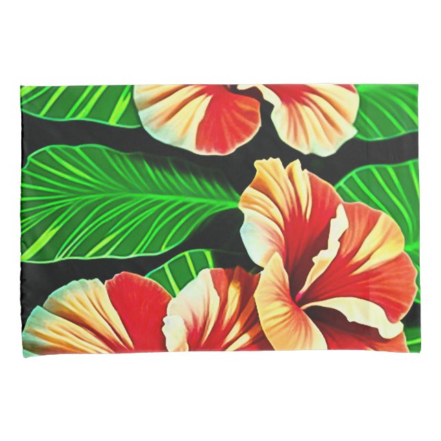 Colourful Tropical Leaves and Hibiscus Flowers | Pillowcase (Front-Right)