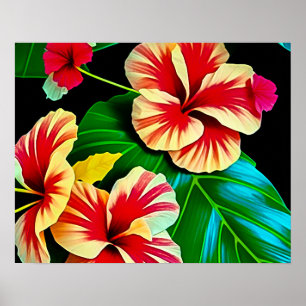Colourful Tropical Leaves and Hibiscus Flowers Poster
