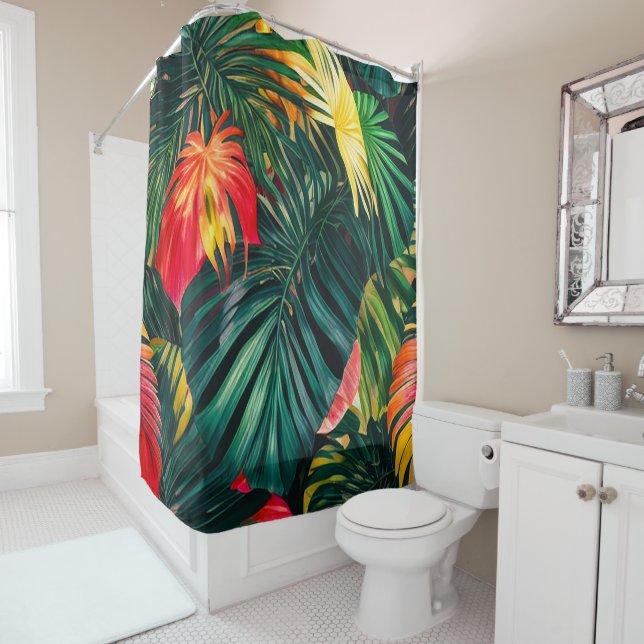 Colourful Tropical Leaves and Hibiscus Flowers | Shower Curtain (In Situ)