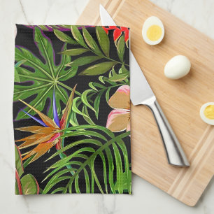 Colourful Tropical Leaves and Hibiscus Flowers Tea Towel