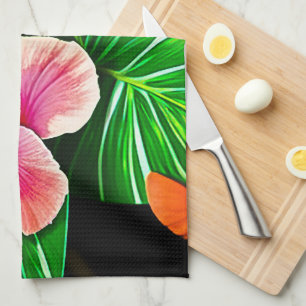 Colourful Tropical Leaves and Hibiscus Flowers Tea Towel