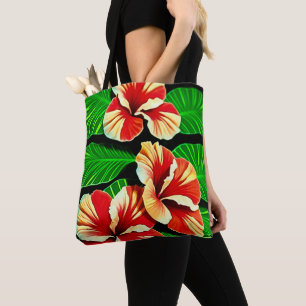 Colourful Tropical Leaves and Hibiscus Flowers   Tote Bag